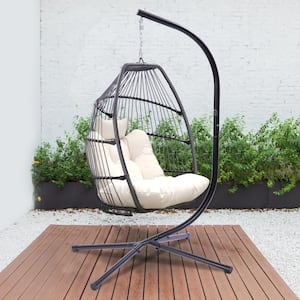 Outdoor Wicker Folding Hanging Chair, Rattan Patio Swing Hammock Egg Chair with Cushion and Pillow