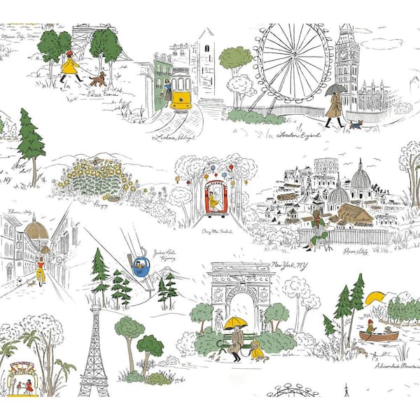 Travel Sketches Yellow Globetrotter Premium Peel and Stick Wallpaper