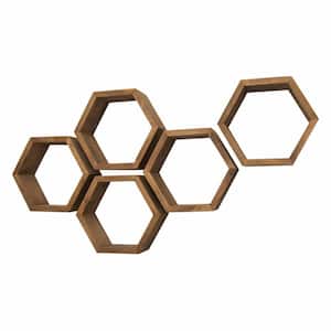 Hexagon 4 in. x 11.75 in. x 10.13 in. Walnut Floating Wall Shelves 5-Pack
