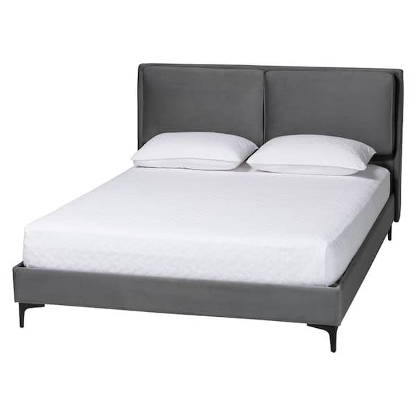 Baxton Studio Etienne Slate Gray Velvet and Wood Frame Queen Platform Bed