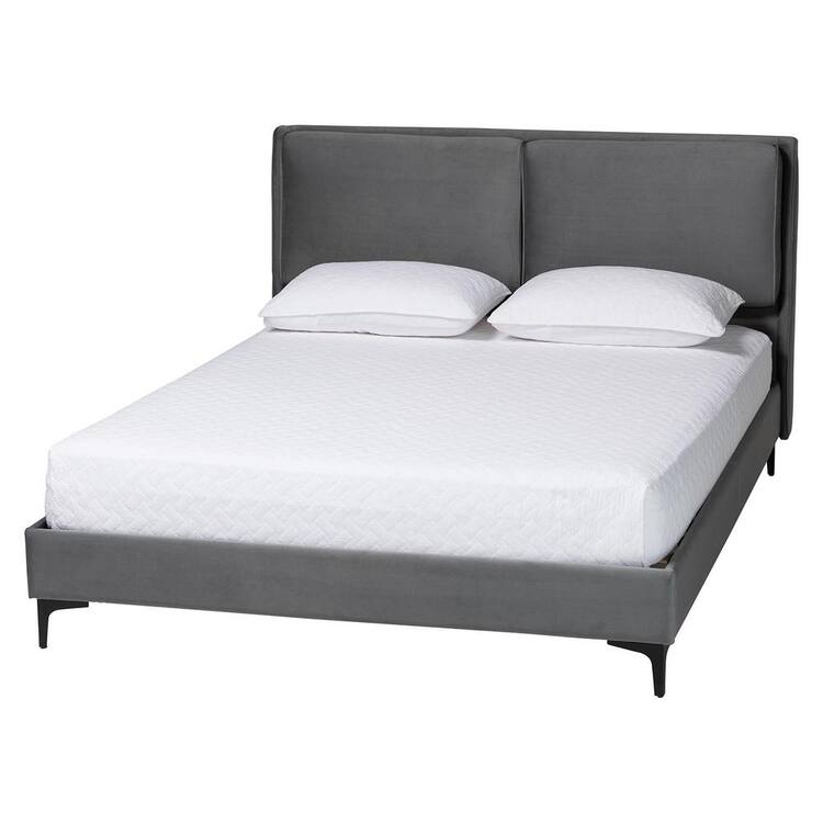 Baxton Studio Etienne Slate Gray Velvet and Wood Frame Queen Platform Bed