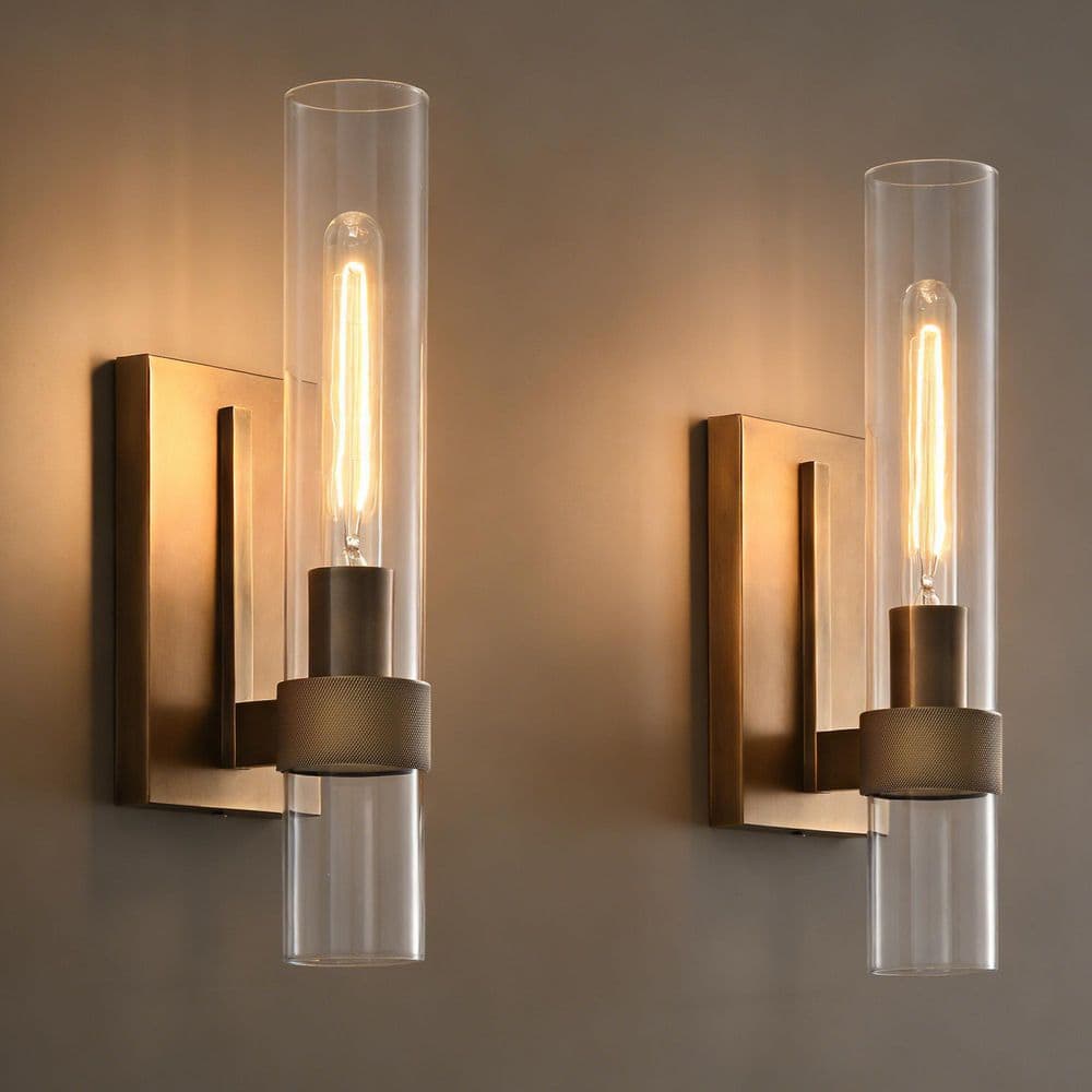KLOOOR 18 in. 1-Light Brass Gold Wall Sconces with Clear Glass Tube ...