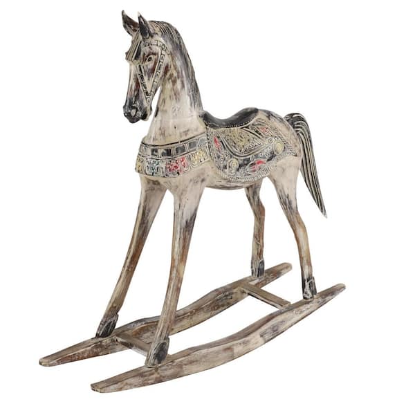 Litton Lane 39 in. x 40 in. Beige Wood Rocking Horse Sculpture with Brown Distressing 62811 The Home Depot