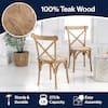 Marketing graphic for natural wood X-back dining chairs showing features.