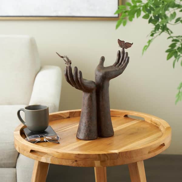 Dark Brown Polystone Raised Hands Sculpture with Butterfly Accents