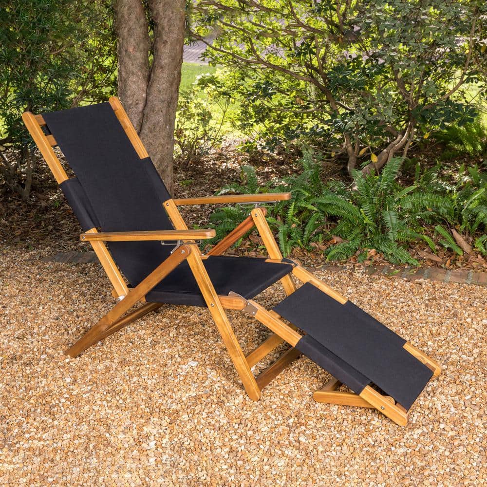 Acacia Wood and Steel Portable Lounge Chair with Detachable Footrest, Black