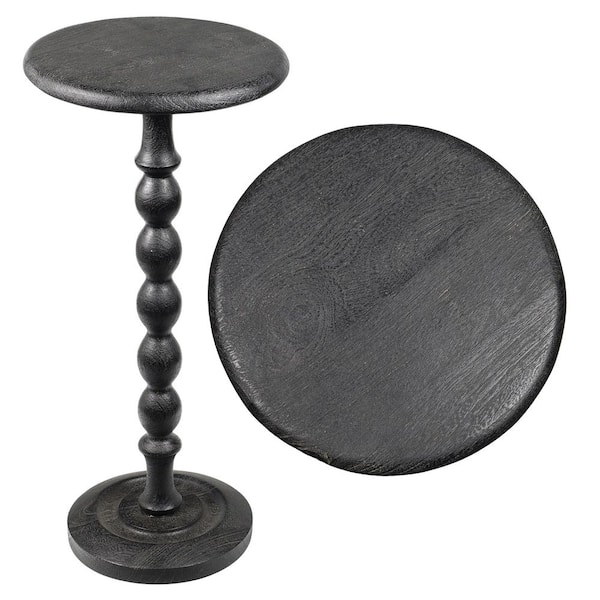 Augustus 11 in. Cottage Classic Spindle Wood Pedestal Round Drink Table and Decorative End Table, Black