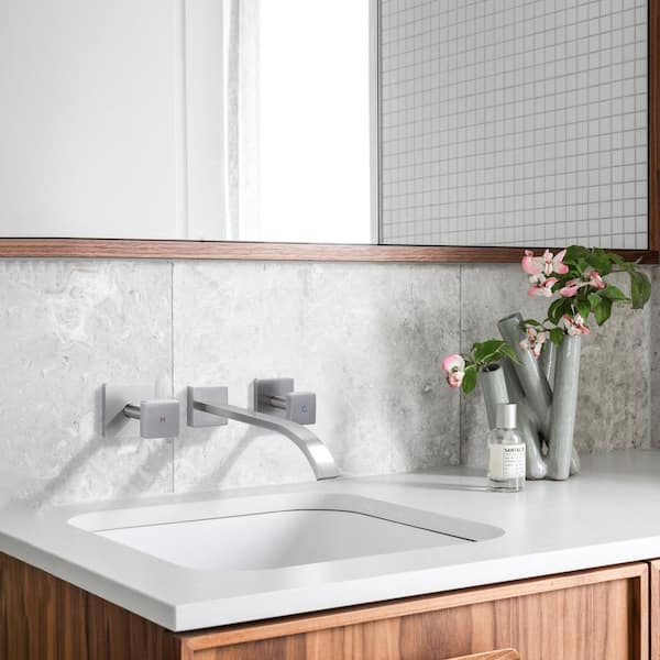 Waterfall Double Handle Wall Mounted Bathroom Faucet with Rough in Valve and Knob Handle in Brushed Nickel