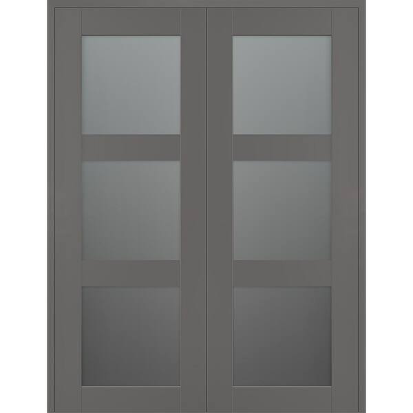 Belldinni Vona 3 Lite 56 in. x 84 in. Both Active 3-Lite Frosted Glass Gray Matte Wood Composite Double Prehung Interior Door