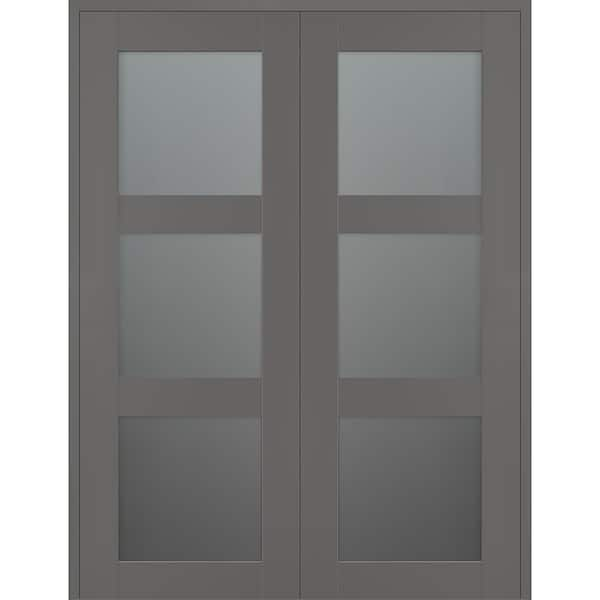 Belldinni Vona 3 Lite 56 in. x 84 in. Both Active 3-Lite Frosted Glass Gray Matte Wood Composite Double Prehung Interior Door