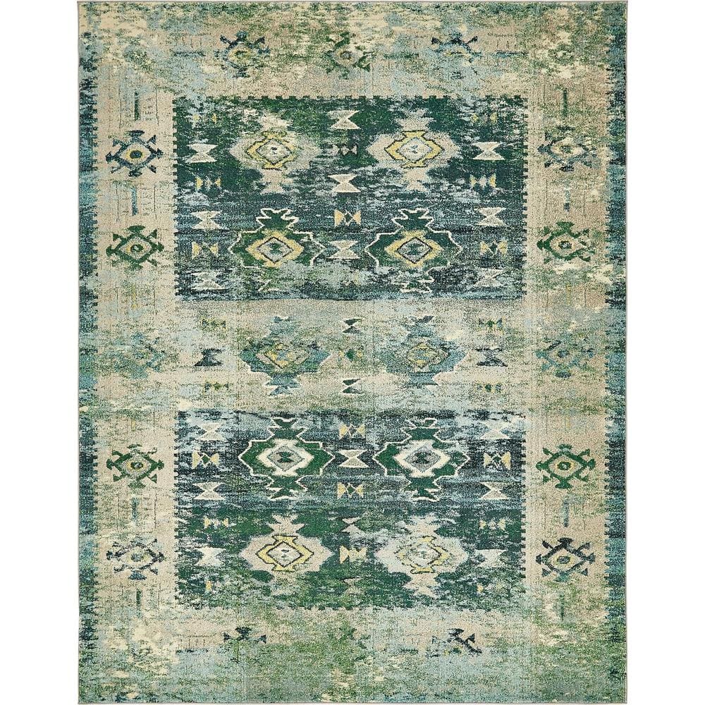 Eco-Friendly Geometric Green Synthetic 8' x 10' Indoor Rug