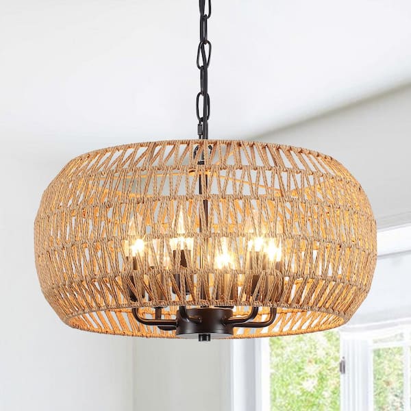 6-Light Black & Brown Bohemia Drum Rattan Chandelier For Dining Room Living Room with No Bulbs Included