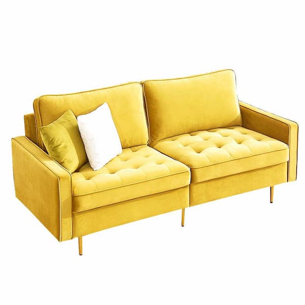 ATHMILE 71 in. W Square Arm Velvet Fabric Modern Straight Sofa in Yellow