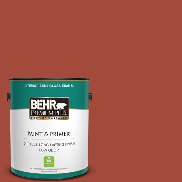 BEHR PREMIUM PLUS 1 gal. #200D-7 Rodeo Red Semi-Gloss Enamel Low Odor Interior Paint & Primer