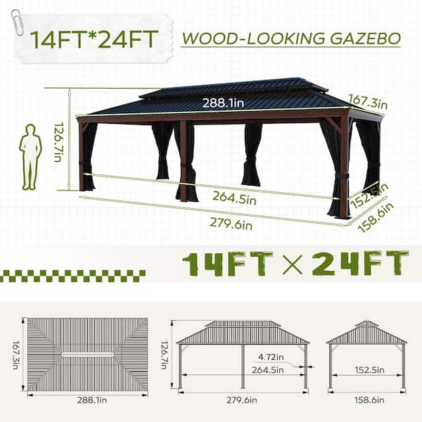 24 ft. x 14 ft. Wood Grain Aluminum Hardtop Gazebo Double Roof with Netting