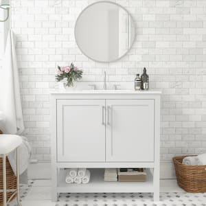 36 in. W x 19 in. D x 38 in. H Single Sink Freestanding Bath Vanity in White with White Stone Top