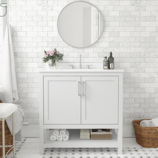 Carnegy Avenue 36 in. W x 19 in. D x 38 in. H Single Sink Freestanding Bath Vanity in White with White Stone Top