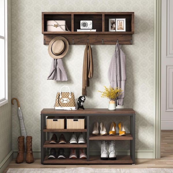 Carmalita Rustic Brown Hall Tree with Shoe Bench and Storage Cubbies (31.5 in. L x 11.8 in. D x 31.5 in, H)