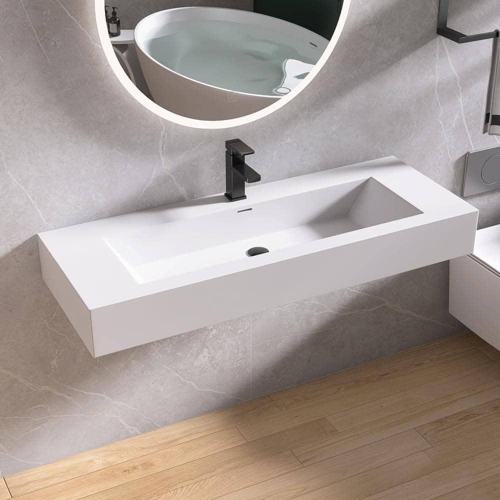 48 in. x 18 in. x 6 in. Solid Surface Wall-Mounted Bathroom Vessel Sink in White with Faucet Hole and Overflow price history on PriceWatchPro