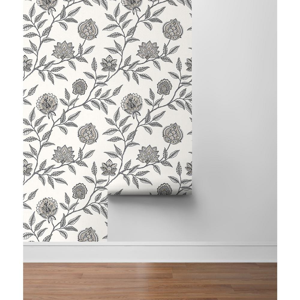 Gray and Black Jacobean Floral Peel and Stick Vinyl Wallpaper