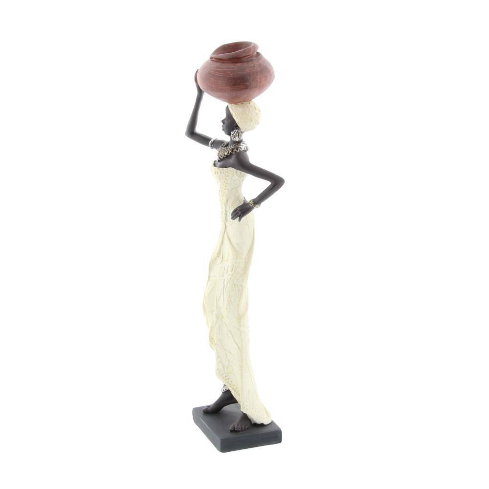 16" Cream Resin African Woman Figurines with Red Water Pots, Set of 2