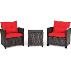 Outdoor 3-Piece Wicker Patio Conversation Set with Glass Top Coffee Table and Red Cushion