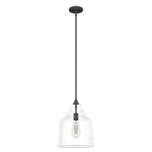 Dunshire 1-Light Noble Bronze Island Pendant Light with Clear Seeded Bell Glass Shade