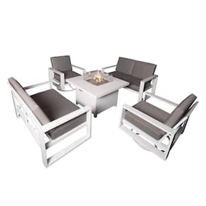 Aluminum Patio Conversation Set with White 41.34 in. Fire Pit Table, Gray Cushion Sofa Set - 2 Swivel+ 2xLoveseat