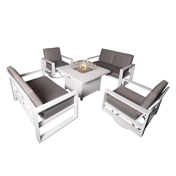 PATIOPTION Aluminum Patio Conversation Set with White 41.34 in. Fire Pit Table, Gray Cushion Sofa Set - 2 Swivel+ 2xLoveseat