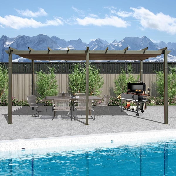 11 ft. x 20 ft. Dark Gray Aluminum Outdoor Retractable Pergola Patio Grill Gazebo with Weather-Resistant Canopy