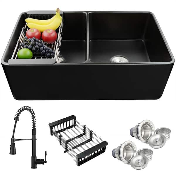 Black Fireclay 33 in. Double Bowl Apron-Front Kitchen Sink with Faucets Basket Strainer