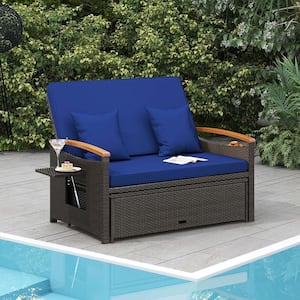 2-Piece Wicker Outdoor Day Bed Set with Cushioned Loveseat and Storage Ottoman for Porch with Navy Cushions