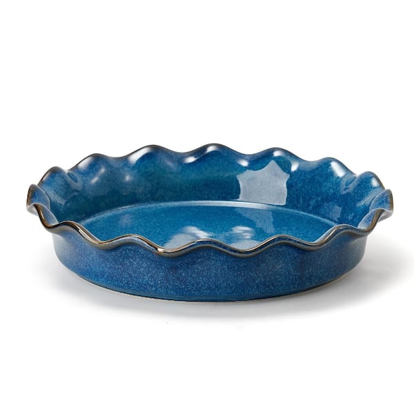 10.5 inch Deep Round Ceramic Pie Dish with Fluted Ruffled Edge Active Blue Pie Pan for Baking Quiche