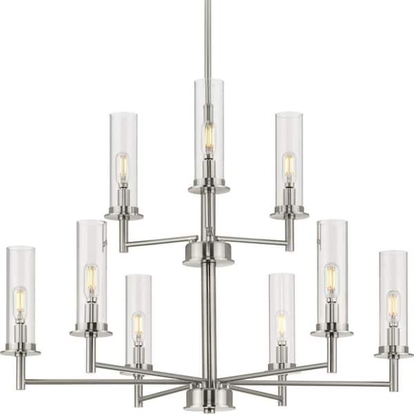 Progress Lighting Kellwyn Collection 9-Light Brushed Nickel Clear Glass Transitional Chandelier Light