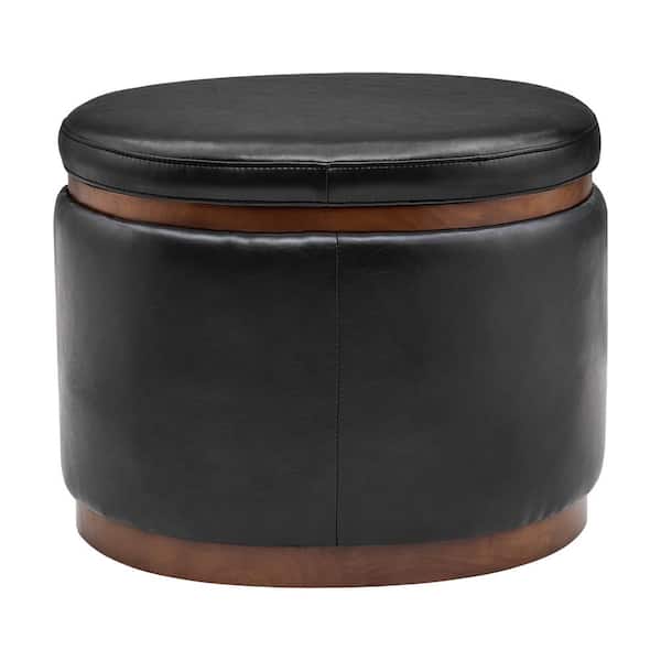 Tiberius Black Leather Modern Round Storage Ottoman with Solid Wood Frame for Living Room and Bed Room