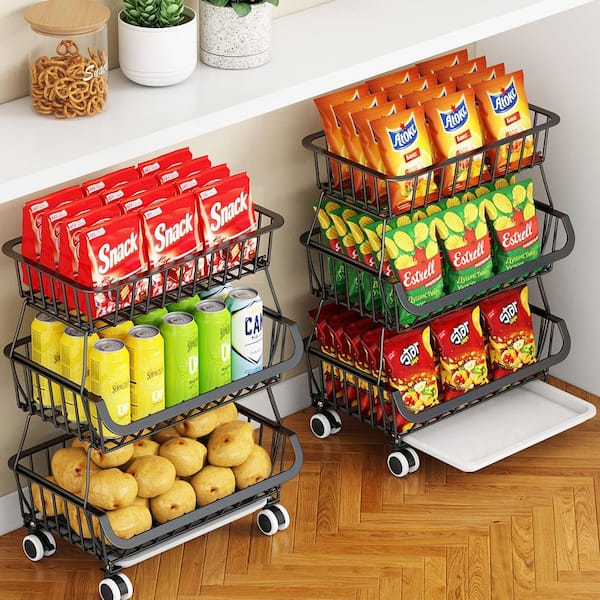3-Tier Black Rolling Pantry Cart with Wheels, Stackable Wire Storage Floor Organizer for Kitchen Pantry Snack Shelves