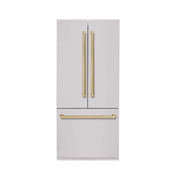 Hallman Bold 36 in. 19.5 cu. ft. Counter-Depth Built-in Bottom Mount Refrigerator with Stainless Steel with Brass Trim