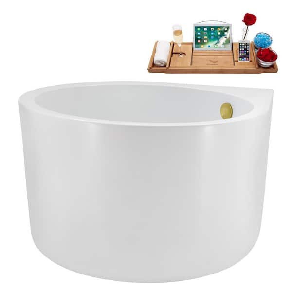 Streamline 47 in. x 39 in. Acrylic Freestanding Soaking Bathtub in Glossy White with Polished Gold Drain, Bamboo Tray