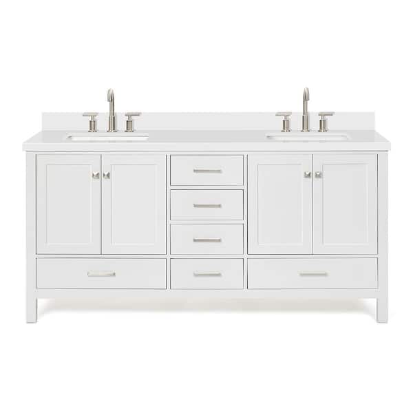 Cambridge 72 in. W x 22 in. D x 36 in. H Double Sink Freestanding in White Bath Vanity with Pure White Quartz Top