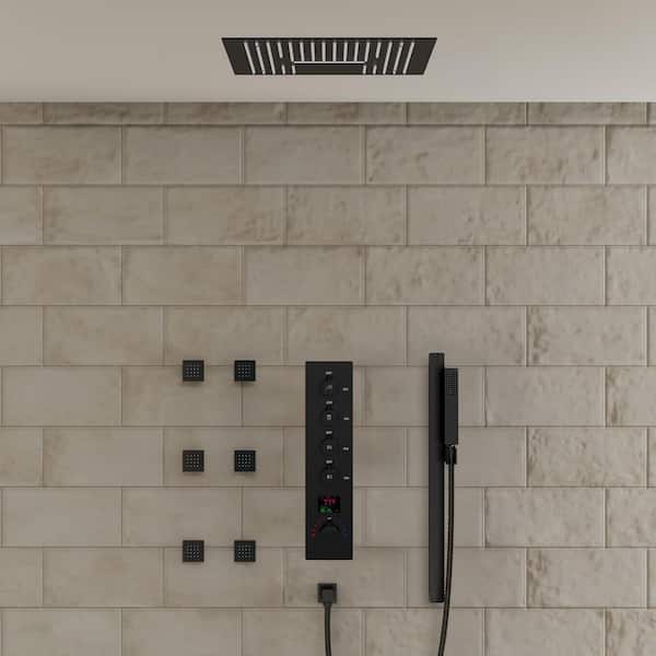 16 in. RGB LED And Temp 6-Jet Shower System 15-Spray with Anti Scald, Thermostatic Valve, Waterfall in Matte Black