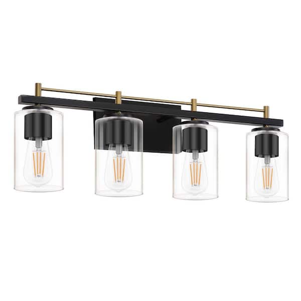 HKMGT Farmhouse 24 in. 4-Light Gold and Black Bathroom Vanity Light with Glass Shade