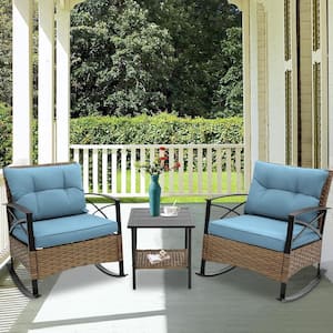 3-Piece Patio Outdoor Furniture Conversation Set Rocking Chair Set, Blue