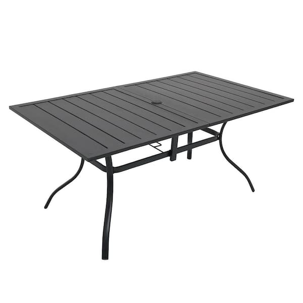 63 in. Black Metal Rectangle Outdoor Dining Table with Umbrella Hole