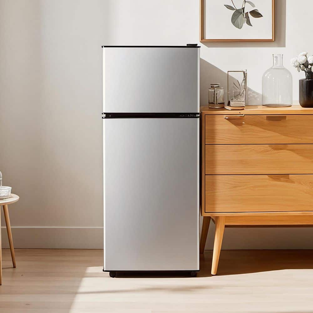 3.8 cu. ft. Mini Refrigerator Double Doors Fridges with Freezer in Silver 7-Level Temp Adjustable, Removable Glass Shelf