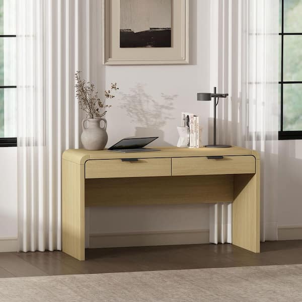 Grace 54 in. Modern Rectangular Natural Oak 2-Drawer Writing Desk with Rounded Edges and Black Handles