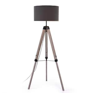 Posh 58 in. Grey Tripod 1-Light Floor Lamp with Solid wood Body and Grey Fabric Drum Shade