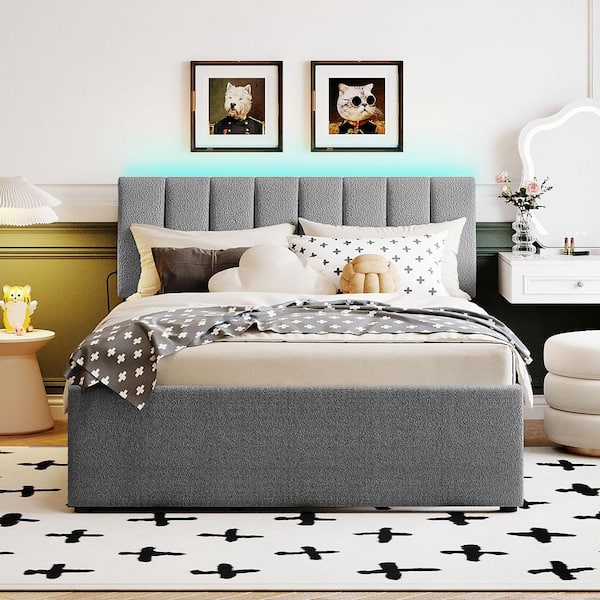 Gray Wood Frame Full Size Platform Bed with Twin Size Trundle