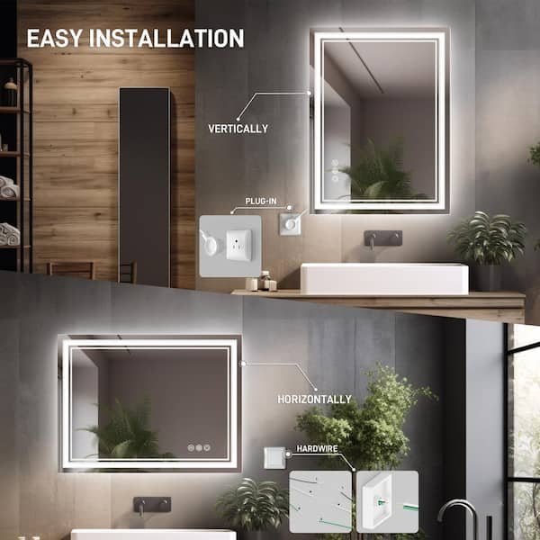 24 in. W x 32 in. H Rectangular Frameless Wall Mount 3-Colors Dimmable Anti-Fog LED Bathroom Vanity Mirror with Memory