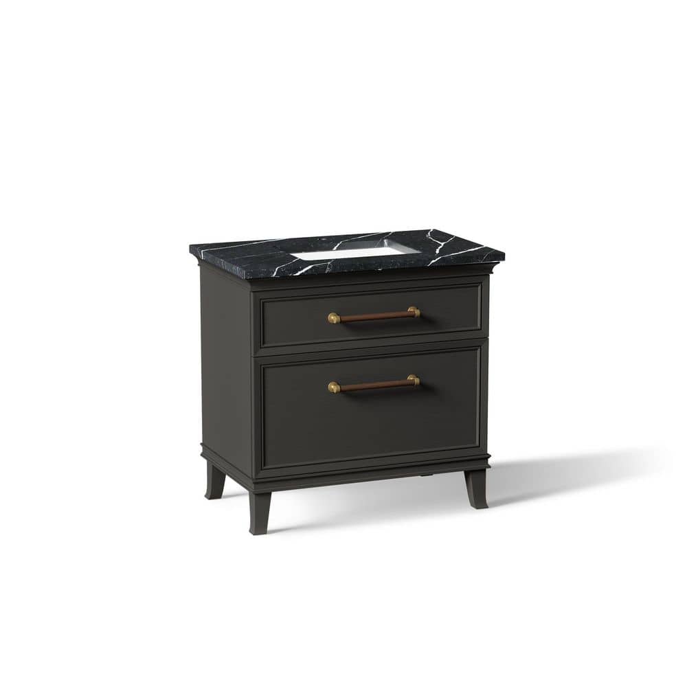 Artifacts 36 in. Freestanding Carbon Oak Bath Vanity with Black Eternal Marquina Quartz Top And Brass Hardware