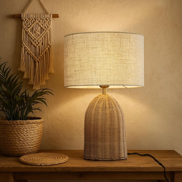 1-Light 20 in. Natural Coastal Small Brass Rattan Bedside Table Lamp with Dome Shape Base and Drum Beige Fabric Shade